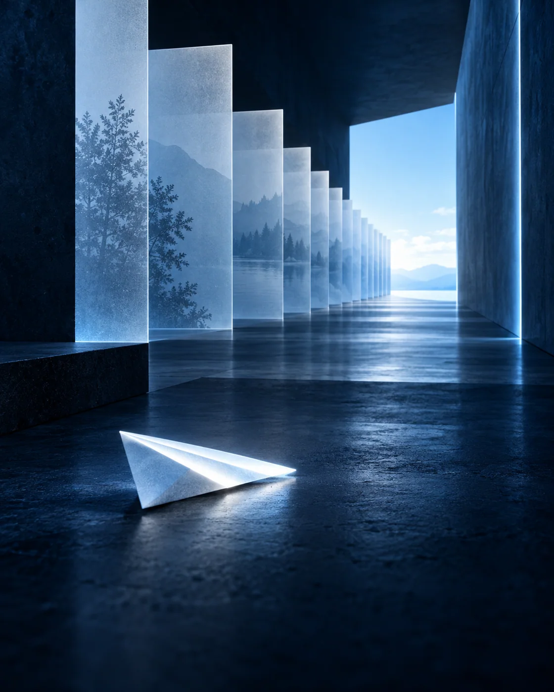 Un plan de papier lumineux ouvre une longue perspective de couches translucides vers l’horizon.